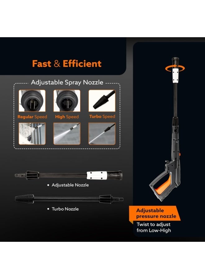 AGARO Royal High Pressure washer, 1800 Watts Motor, 140 Bars, 7L/Min Flow Rate, 5 Meters Outlet Hose, Upright Design With Wheel, For Car, Bike and Home Cleaning Purpose, Turbo Nozzle, Black and Orange - Image 2